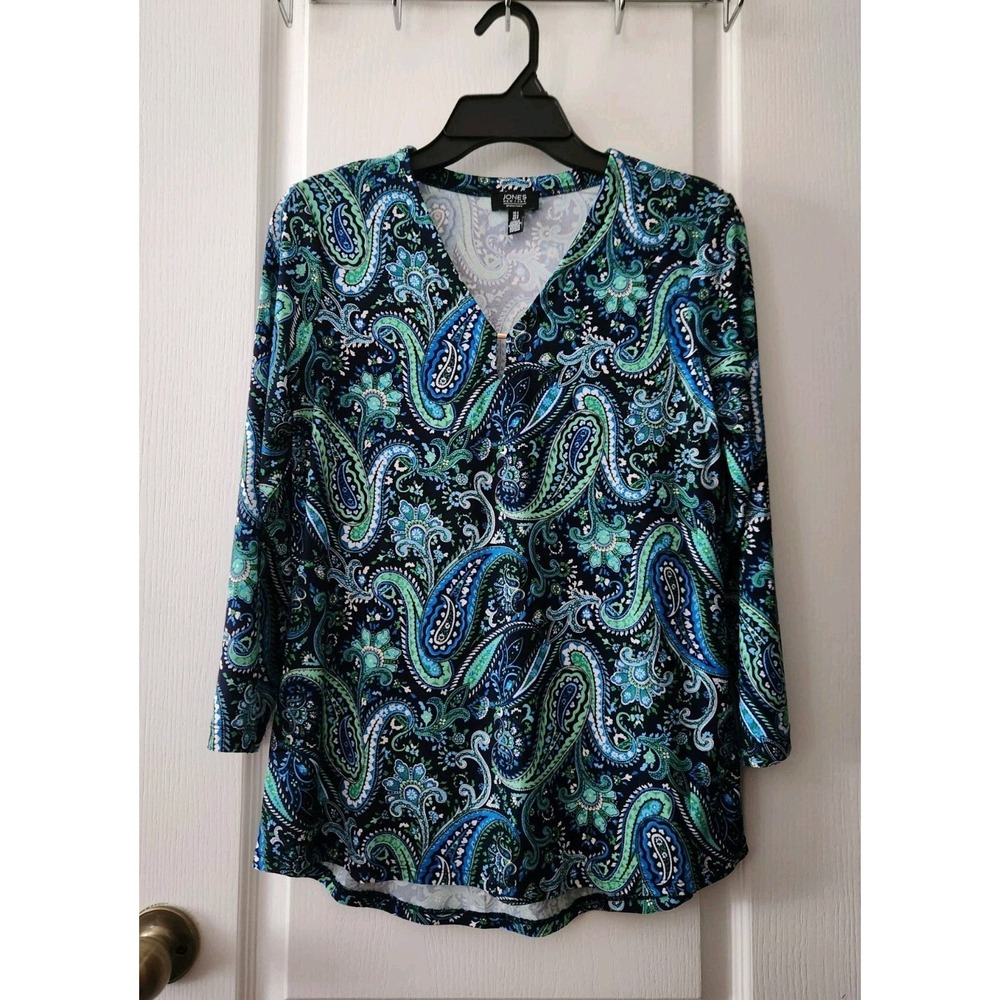 JONES New York Womens Paisley Blouse V-Neck 3/4 Sleeve Stretch Blue Green Size S